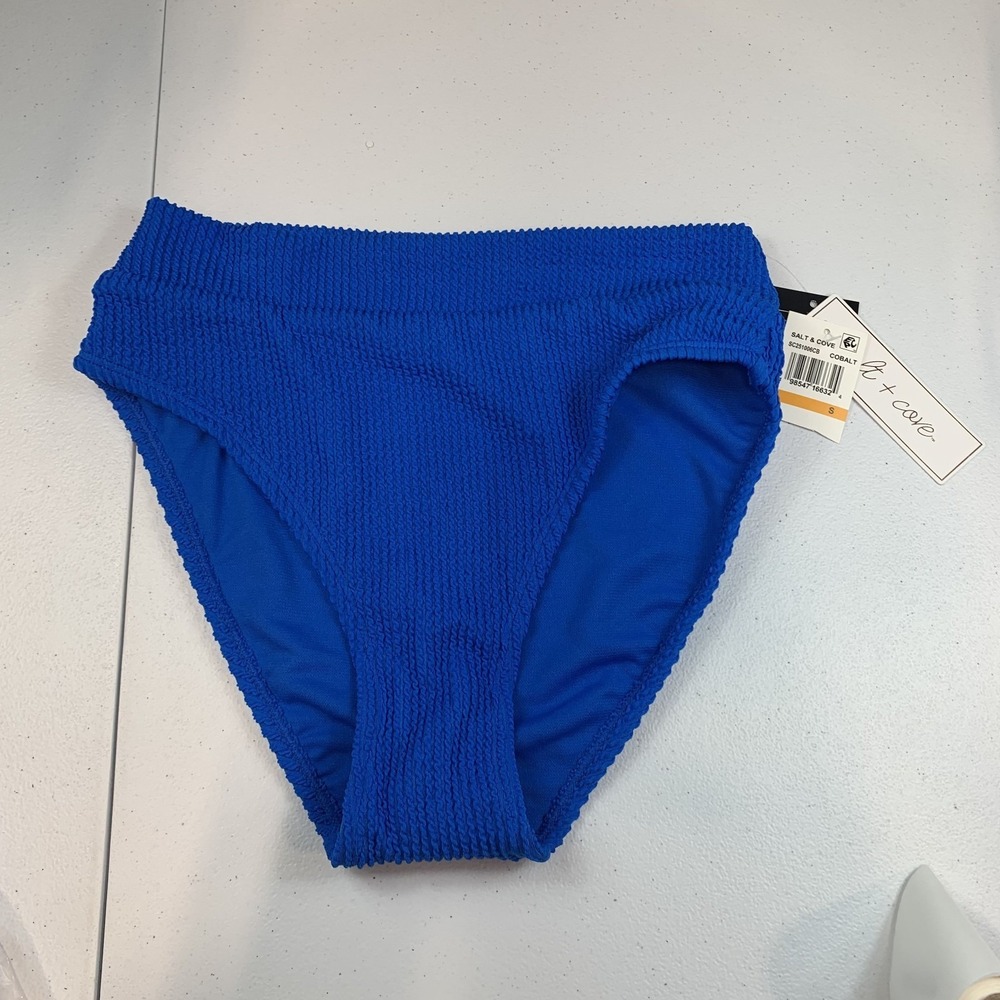 Salt & Cove Junior's Swim Bikini Bottom S Cobalt Blue Ribbed High Waist